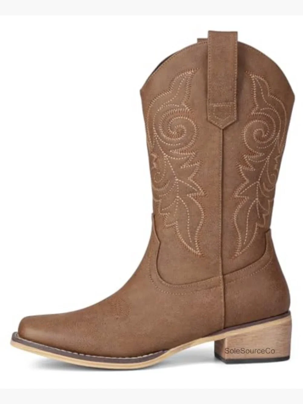 Women's Square Toe Mid Calf Cowgirl Boots Low Chunky Heel Pull On - Picture 4 of 7